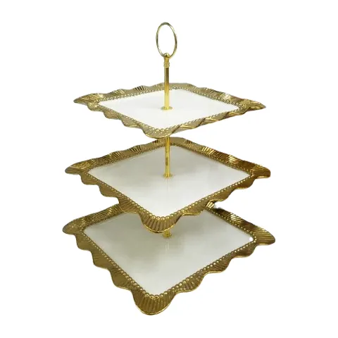 Three Floor Cake Plate Square Golden, 3's